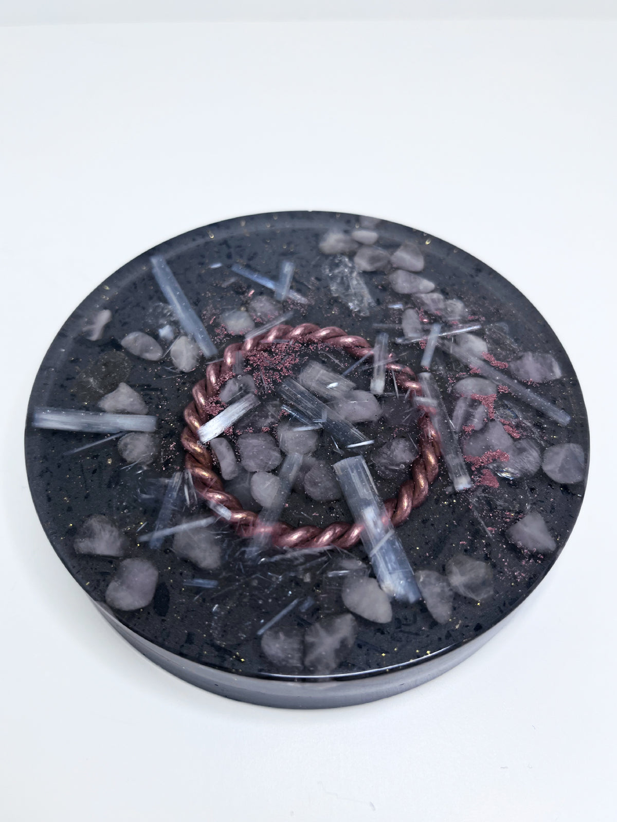 144 Sacred Tender Rose Orgonite Charge Plate with Rose Quartz, Selenite & Quartz (Small)