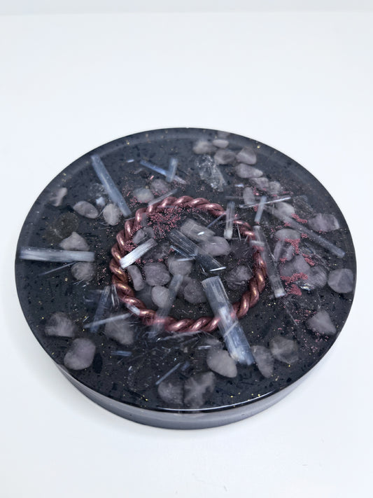 144 Sacred Tender Rose Orgonite Charge Plate with Rose Quartz, Selenite & Quartz (Small)