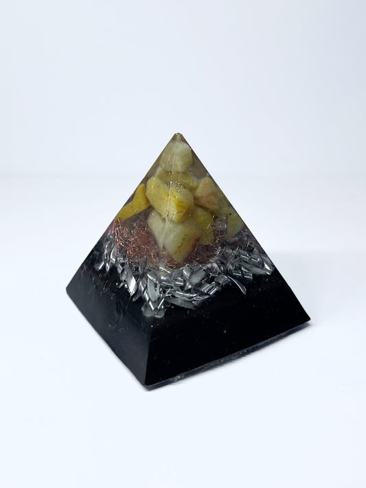Golden Confidence Spark Pyramid Orgonite with Yellow Aventurine & Quartz (Small)