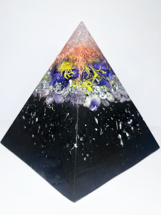 Lotus Ascended Light Pyramid Orgonite with Amethyst & Quartz (XL)