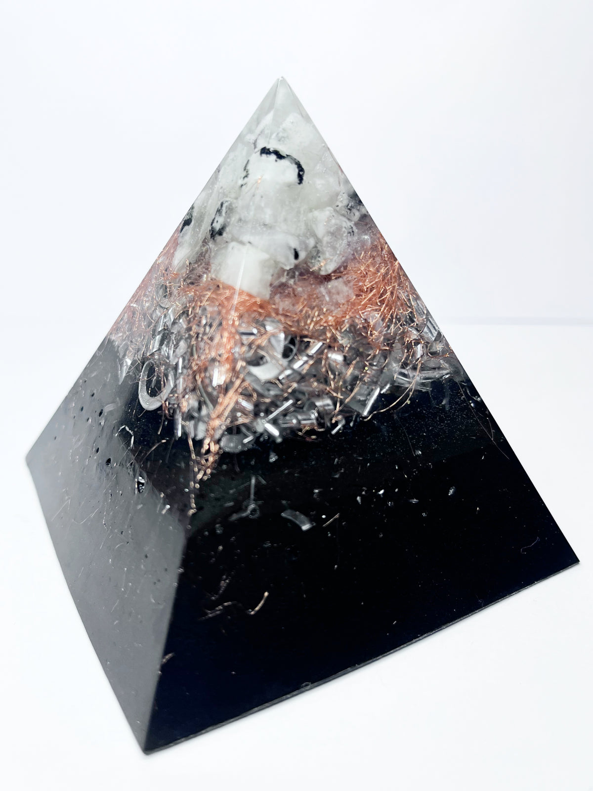 Luna Flow Essence Pyramid Orgonite with Rainbow Moonstone (Medium)