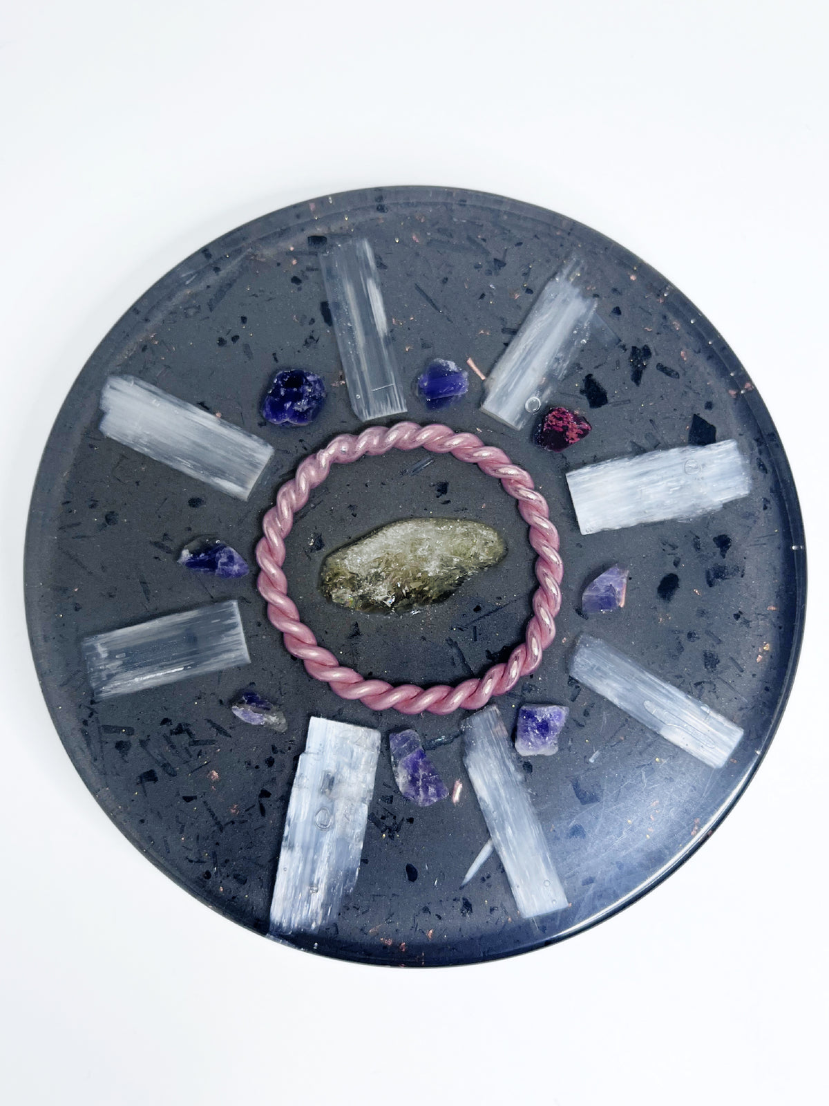 Golden Halo Ascension Orgonite Charge Plate with Citrine & Amethyst (Medium)