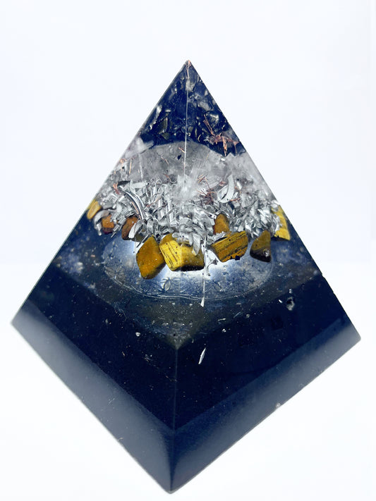 Solar Guardian Core Pyramid Orgonite with Tiger's Eye & Elite Shungite (C60 - Large)