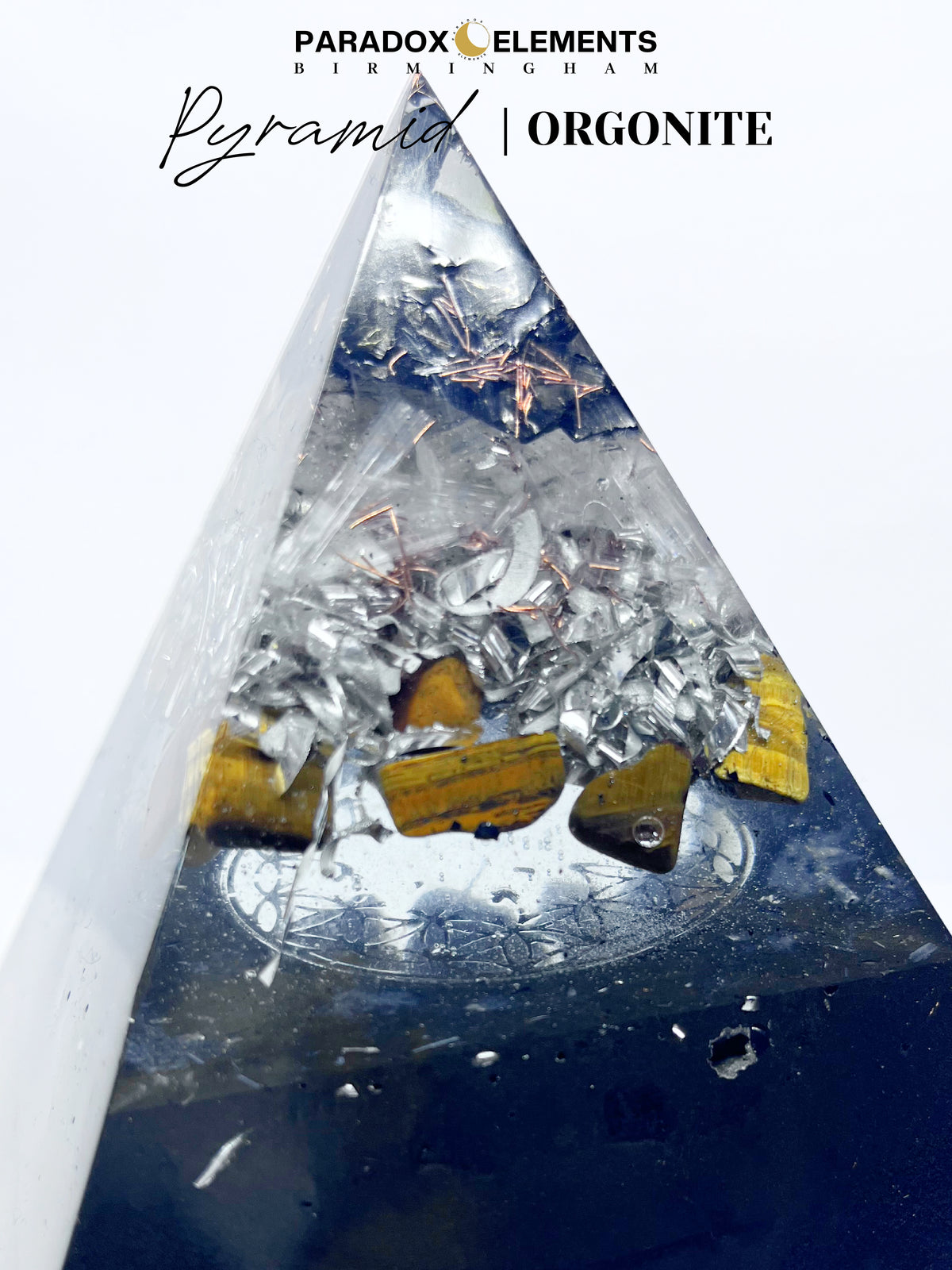 Solar Guardian Core Pyramid Orgonite with Tiger's Eye & Elite Shungite (C60 - Large)